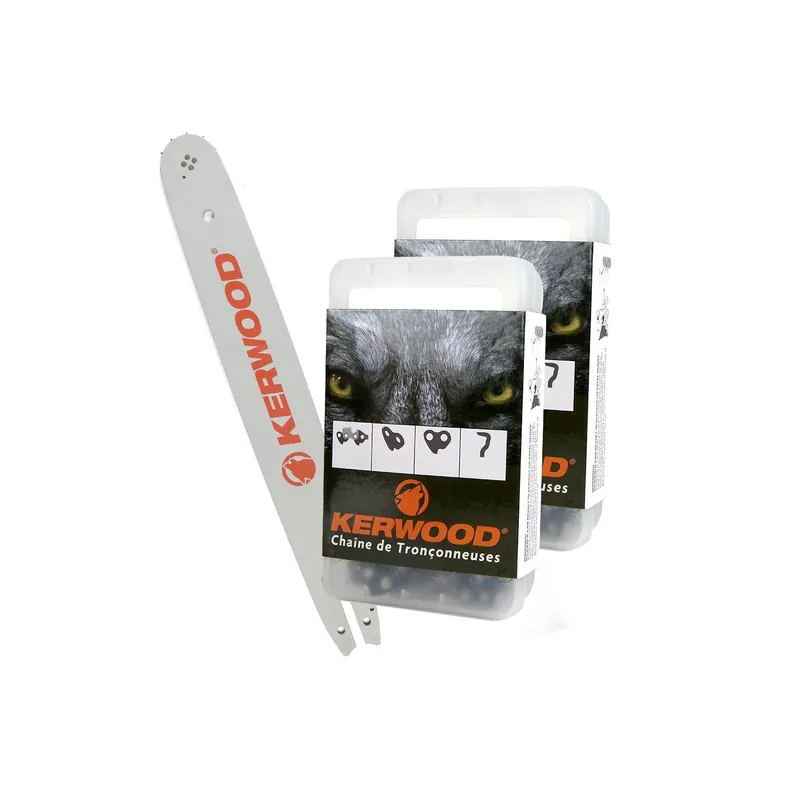 Offre Exclusive Kit tronçonneuse 1 guide + 2 chaînes Kerwood. 40 cm, 0,325”. 1,5 mm. 16C3KLWB. 66 maillons