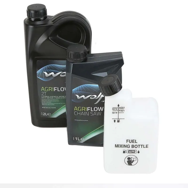 Kit entretien tronçonneuse. Huile moteur + huile chaîne + bidon doseur Populaire