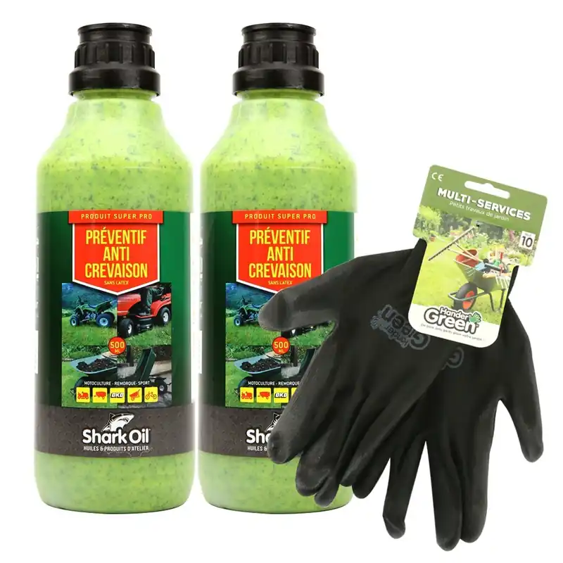 Préventif anti-crevaison Shark Oil OKO 500 ml par 2 + gants multi-services Offre Spéciale