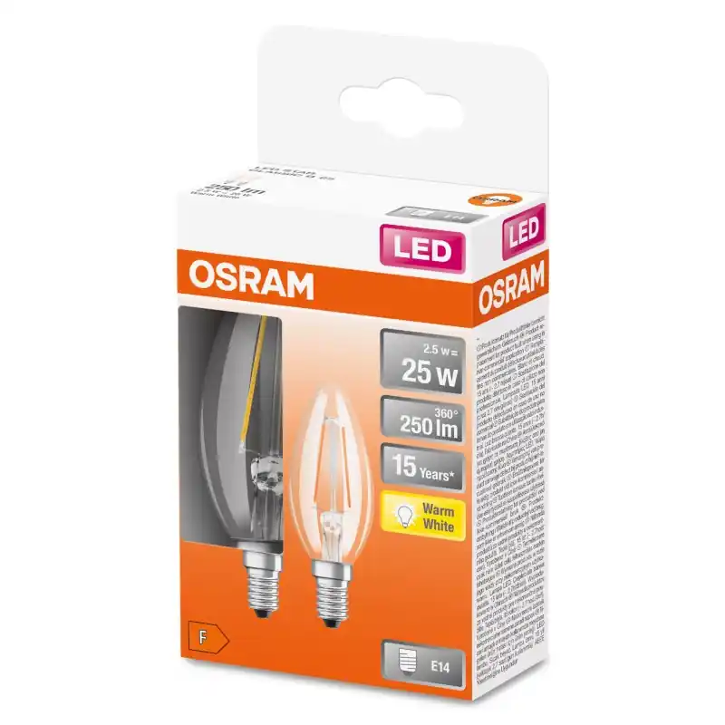 Boite de 2 ampoules LED Filament E14 Flamme Claire 2.50 W 25 W Blanc chaud 2700 K – OSRAM Affaire À Saisir
