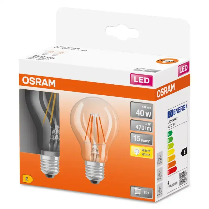 Boite de 2 ampoules LED Filament E27 Standard Claire 4 W 40 W Blanc chaud 2700 K – OSRAM Pas Cher