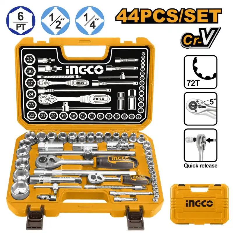 Achat Immédiat COFFRET CLÉ À DOUILLE 44 PIÈCES 1/4&Prime; ET 1/2&Prime; – INGCO