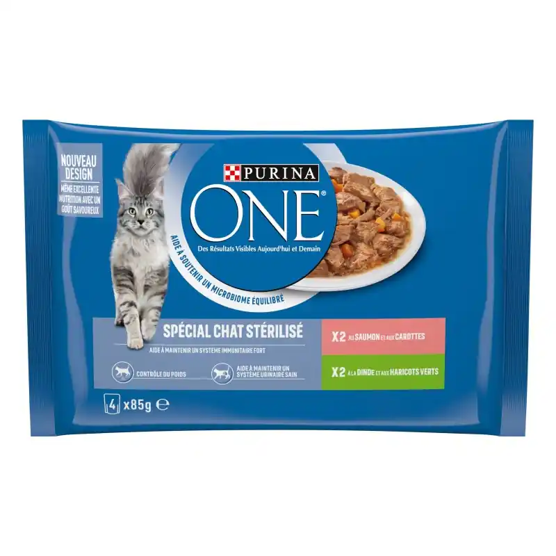 ALIMENT HUMIDE CHAT PURINA ONE CHAT STÉRILISÉ SAUMON, DINDE – 4X85 G Paiement Sécurisé