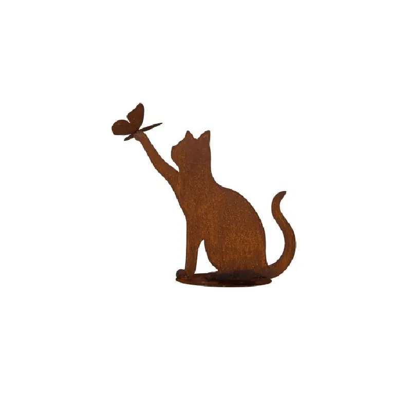 Expédition Rapide Chat Décoratif avec Papillon en Métal Rouillé – Élégance Naturelle pour Votre Intérieur