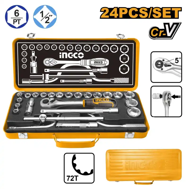 COFFRET CLIQUET DOUILLES & ACCESSOIRES 24 PIÈCES – INGCO Produit De Marque