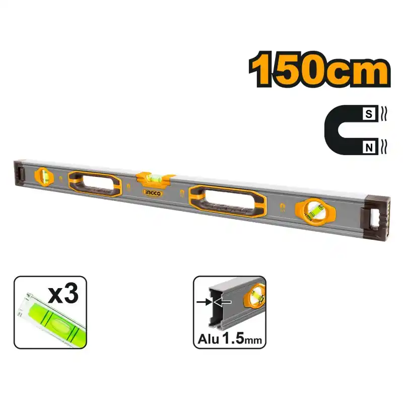 NIVEAU À BULLE MAGNÉTIQUE 3 FIOLES 150CM – INGCO Haute Qualité