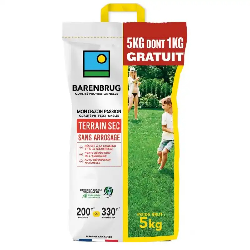Retour Gratuit GAZON TERRAIN SEC SANS ARROSAGE - 5 KG DONT 1 KG OFFERT - BARENBRUG