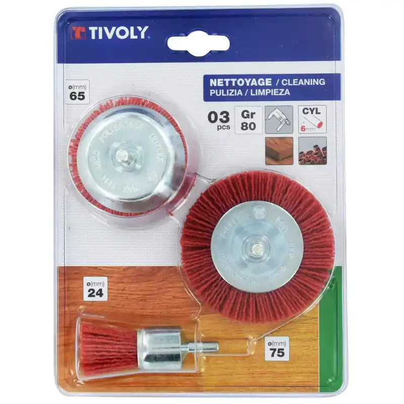 Expédition Rapide KIT 1 BROSSE COUPE Ø75MM + 1 BROSSE CIRCULAIRE Ø75MM + 1 BROSSE PINCEAU Ø22MM – TIVOLY
