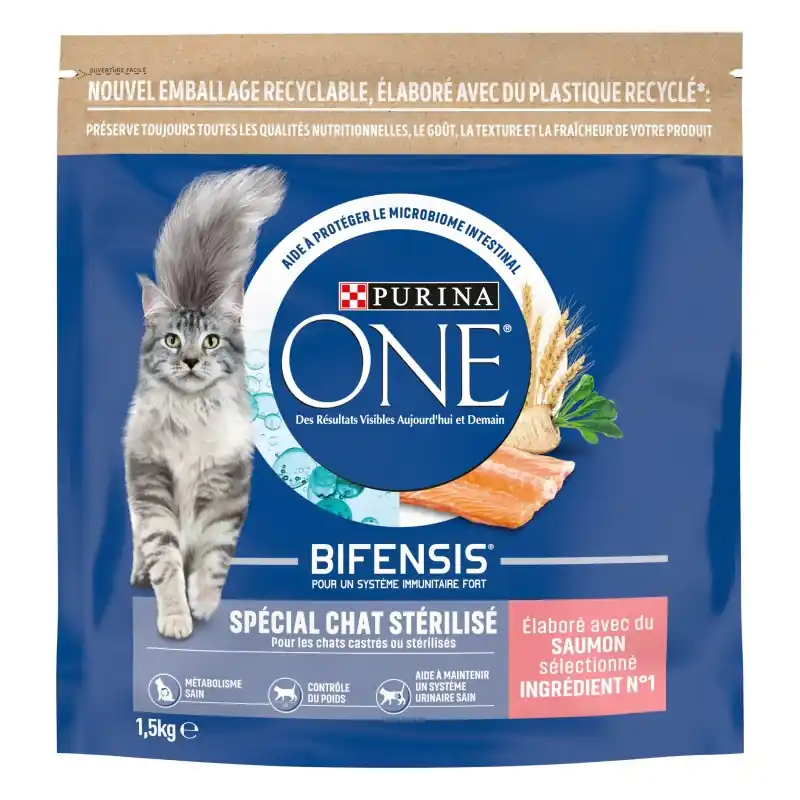 CROQUETTES CHAT PURINA ONE CHAT STÉRILISÉ – SAUMON ET CÉRÉALES COMPLÈTES – 1,5 KG Paiement Sécurisé