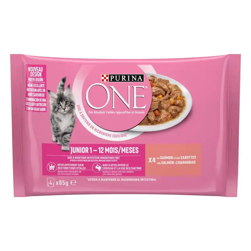 Prix Bas ALIMENT HUMIDE CHATON PURINA ONE CHAT JUNIOR – DE 1 À 12 MOIS – AU SAUMON – 4X85G