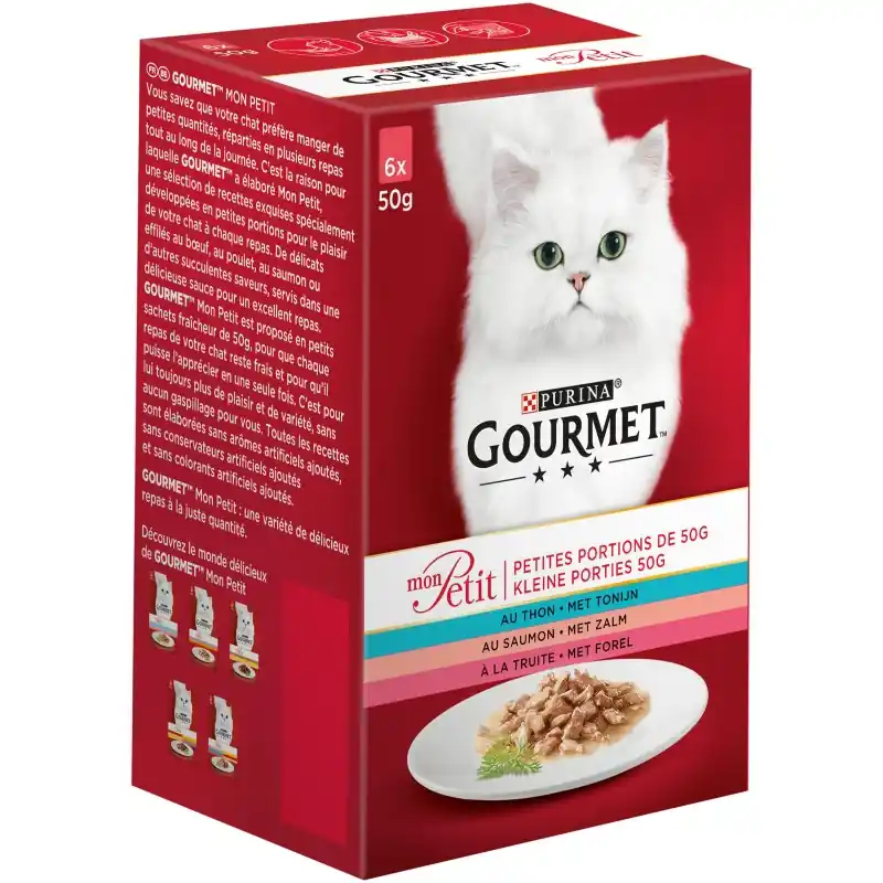Acheter Direct ALIMENT HUMIDE CHAT GOURMET MON PETIT AU SAUMON, À LA TRUITE, AU THON – 6 X 50 G