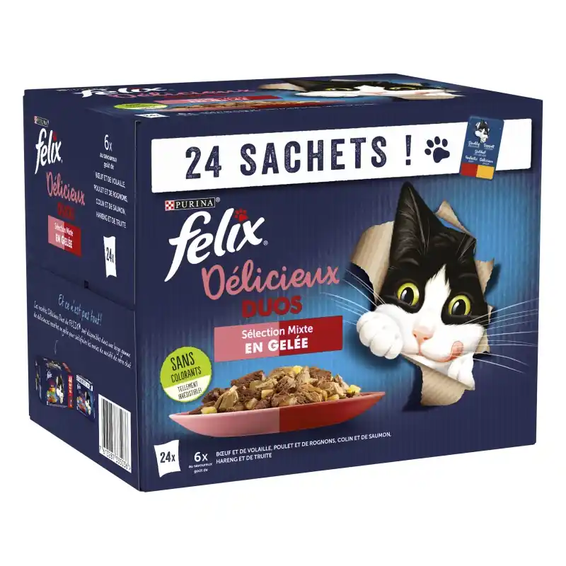 Affaire À Saisir ALIMENT HUMIDE CHAT DÉLICIEUX DUOS EN GELÉE BOEUF VOLAILLE 24X85G
