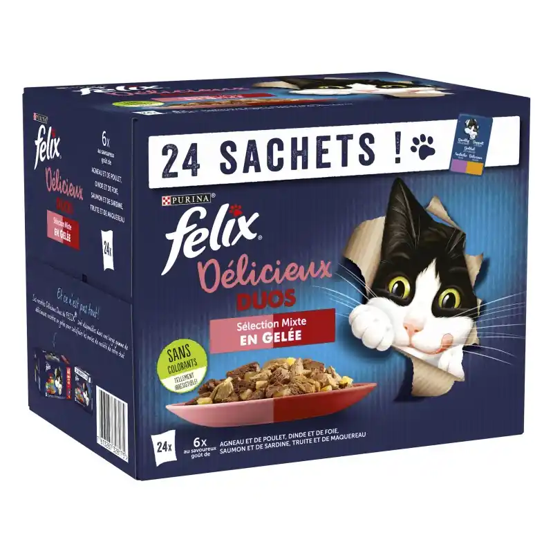 Achat Immédiat ALIMENT HUMIDE CHAT DÉLICIEUX DUOS EN GELÉE AGNEAU POULET 24X85G