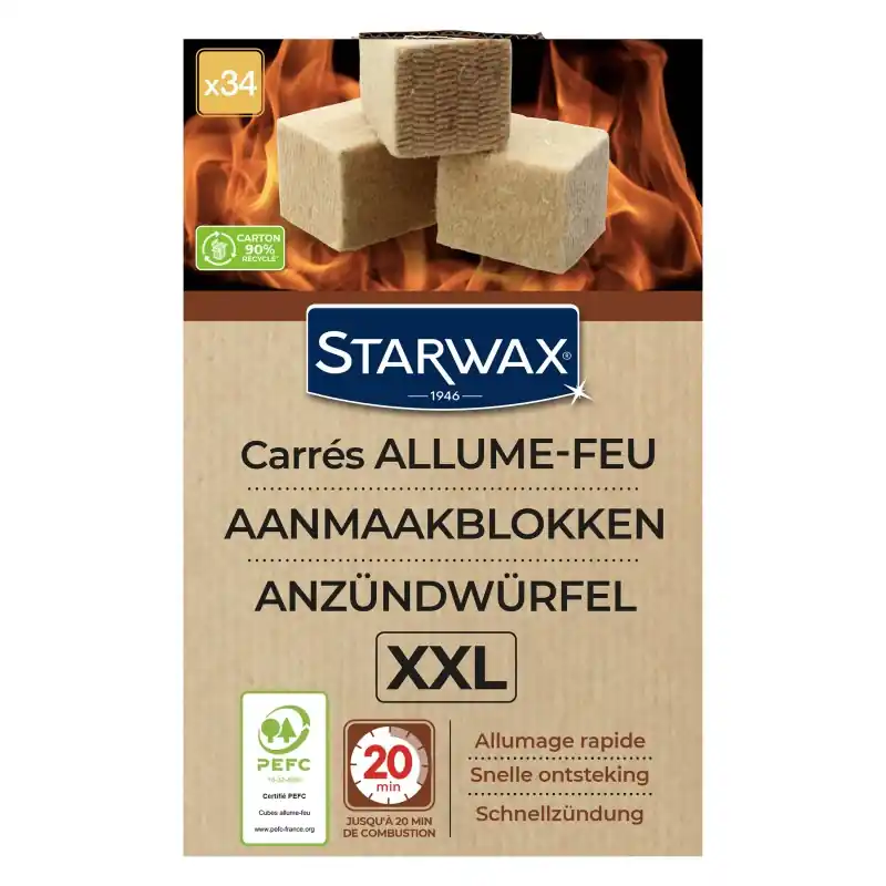 CARRÉS ALLUME-FEU NATURELS XXL BARBECUE POÊLE CHEMINÉE x34 – STARWAX Vente Directe