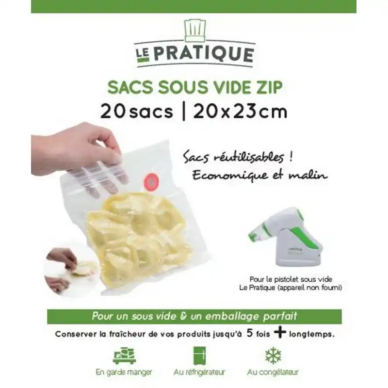 SACS SOUS VIDE GAUFRES ZIP À VALVE ET RÉUTILISABLES 20 X 23 CM – LE PRATIQUE Expédition Rapide